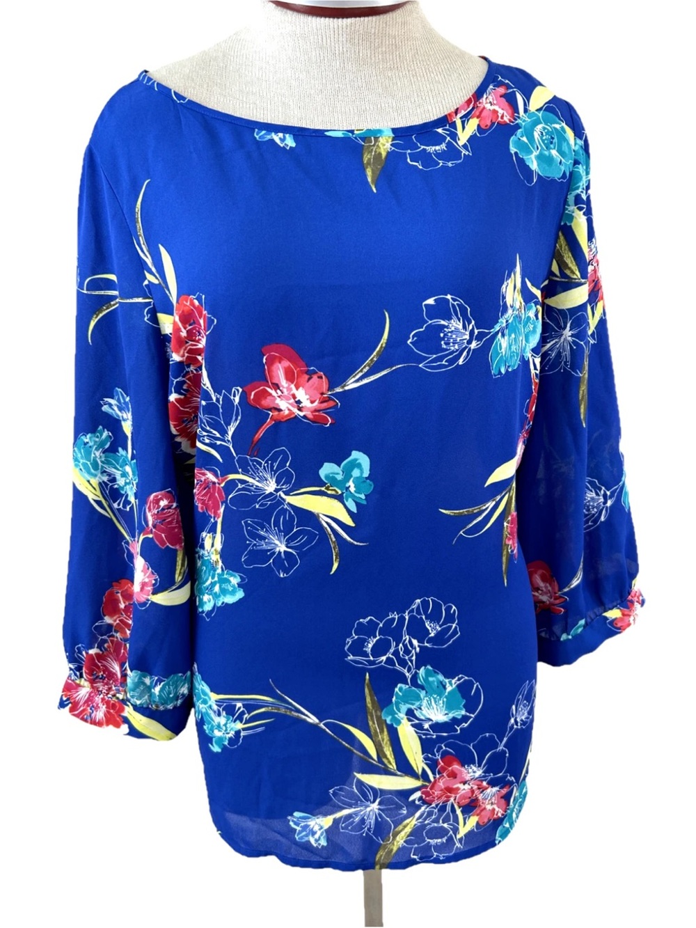 Apt. 9 Cobalt Blue Floral Boatneck Blouse Tie Lightweight Summer Asian Formal